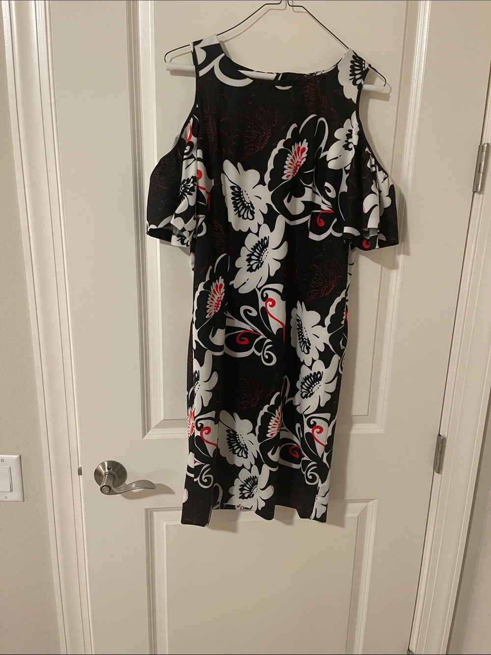 Doncaster Black Floral Cold-Shoulder Mini Dress with White & Red Accents